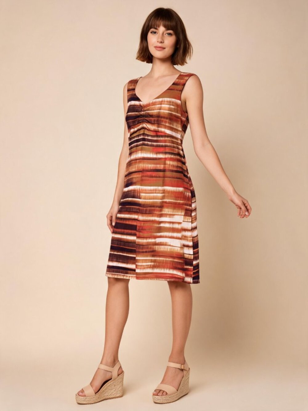PRANA | Vianna Rust, Brown & Cream Striped Sleeveless Midi Dress Sz M